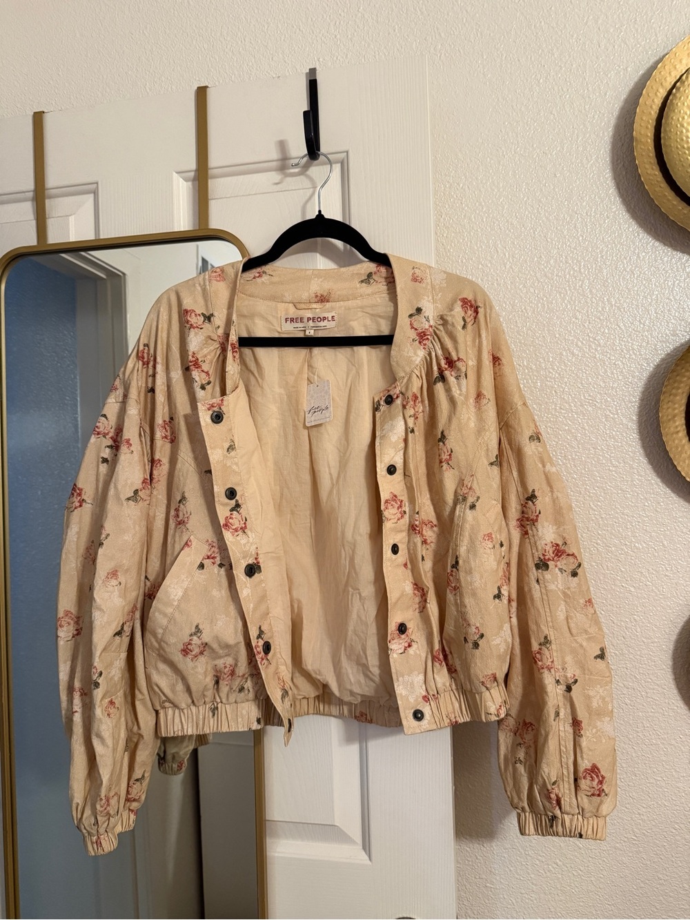 NWT Free People Distressed Cream Floral Bomber Jacket